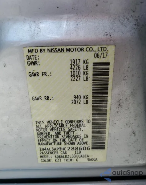 2017 Nissan Altima 2.5 from USA, damaged, VIN 1N4AL3AP3HC288606